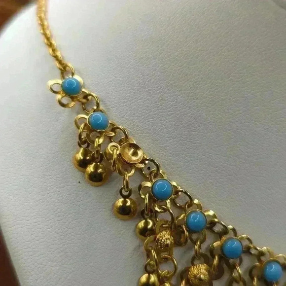 Lot of 2 Statement Necklaces: Gold-Tone Bib Dangle & Bronze Red Beaded Chain - Picture 5 of 10